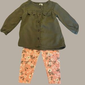 Carter's Green Button-Up Top and Pink Floral Leggings